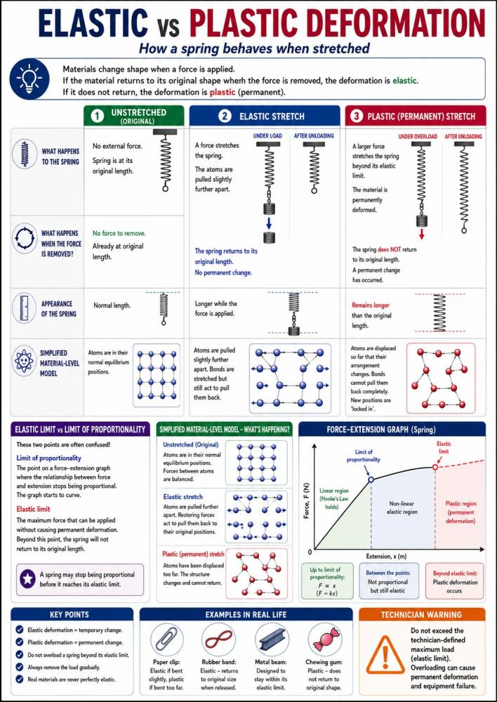 Elastic versus plastic deformation infographic showing spring behaviour and atomic bonding