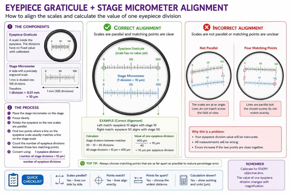 Eyepiece graticule and stage micrometer alignment showing correct parallel scales and calibration calculation
