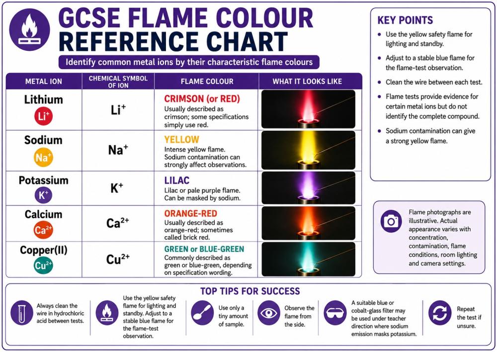 GCSE flame colour reference chart for lithium, sodium, potassium, calcium and copper two plus ions