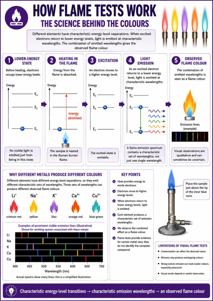 Infographic explaining electron excitation, light emission and characteristic flame colours in a flame test