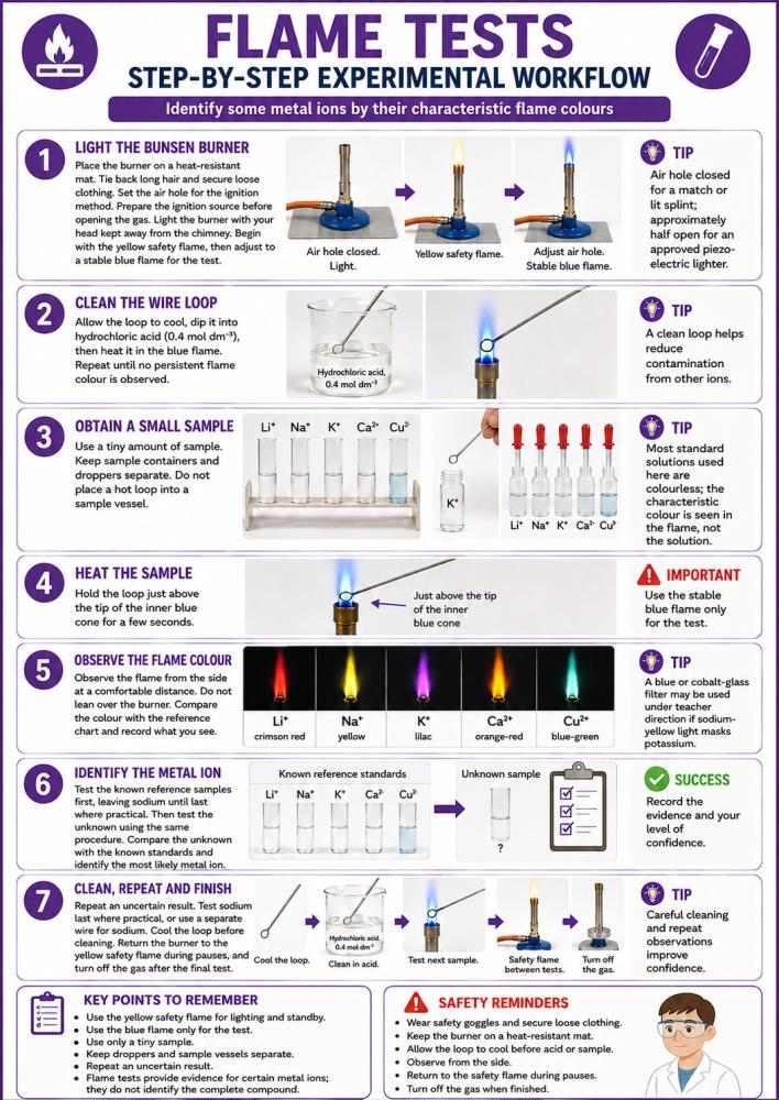 Step-by-step experimental workflow for carrying out flame tests and identifying an unknown metal ion