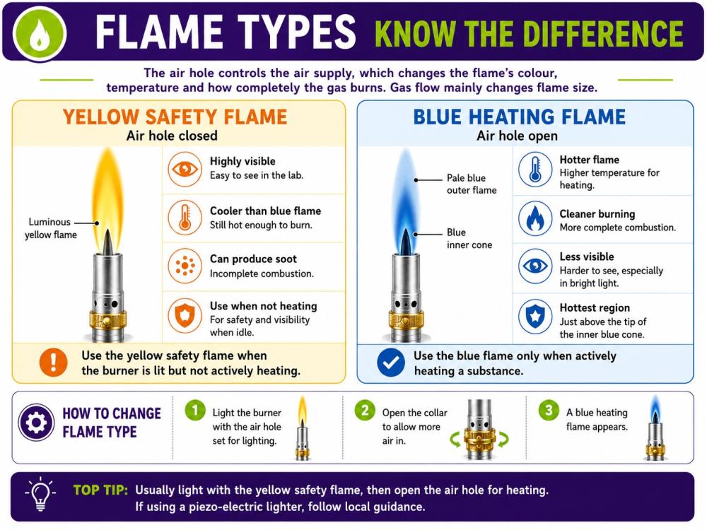 Bunsen burner yellow safety flame and blue heating flame