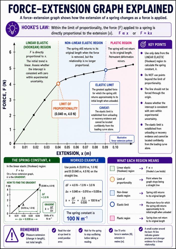 Force-extension graph explained showing the linear region, limit of proportionality, elastic region and plastic region