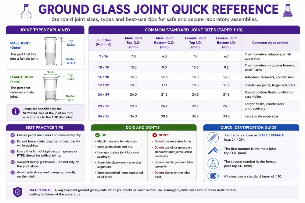 Ground glass joint quick reference infographic showing male and female ground glass joints, common standard joint sizes, best practice tips, do's and don'ts and quick identification guidance for laboratory glassware assemblies