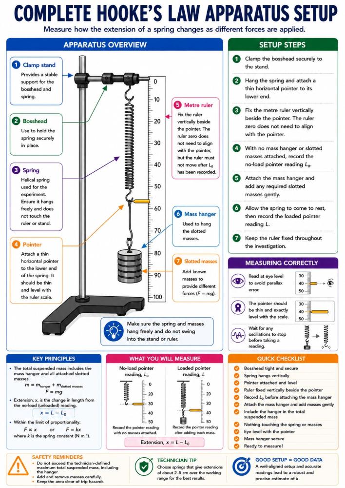 Complete Hooke's Law apparatus setup showing clamp stand, spring, pointer, metre ruler, mass hanger and slotted masses