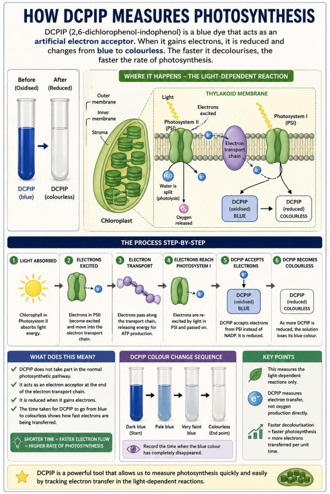 How DCPIP measures photosynthesis by changing from blue oxidised DCPIP to colourless reduced DCPIP during electron transfer