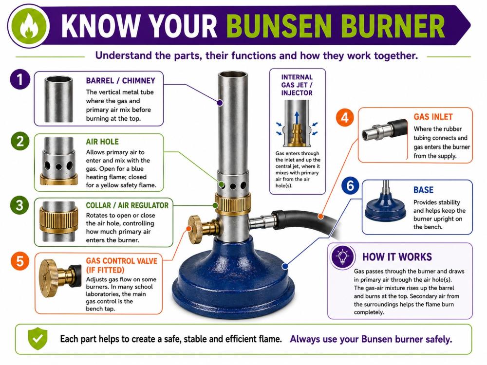 Labelled parts of a Bunsen burner