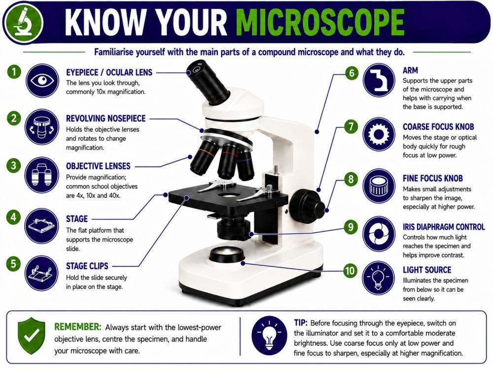 Labelled parts of a compound light microscope