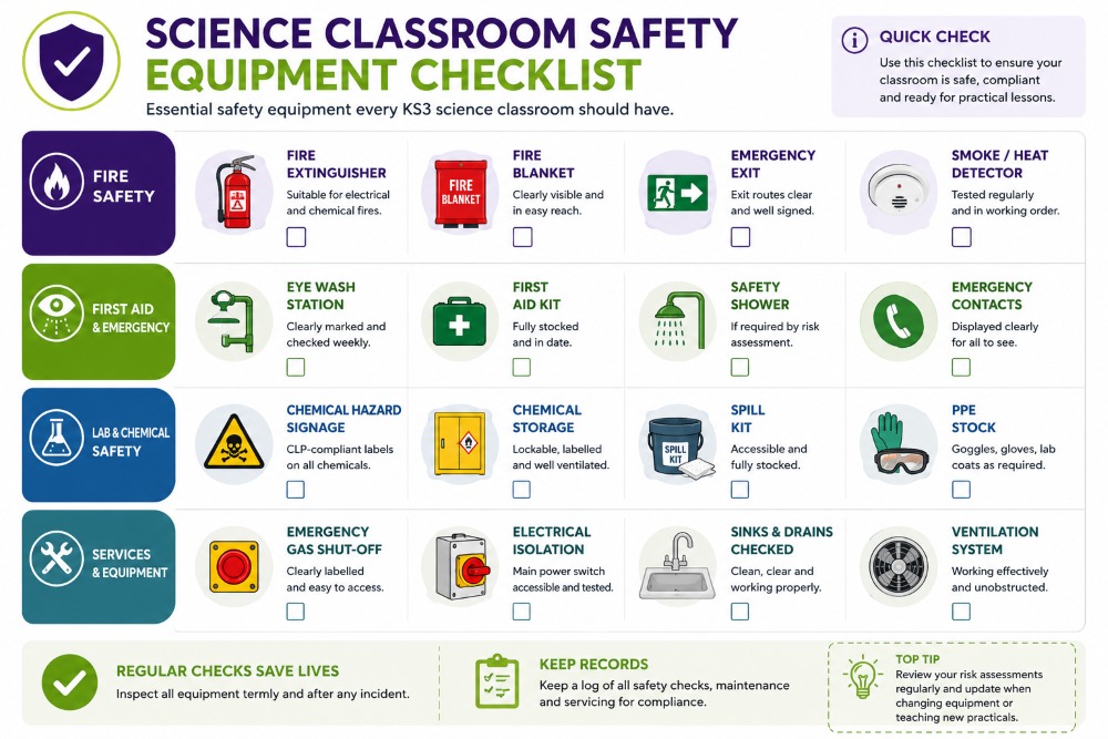 KS3 science safety equipment checklist with icons