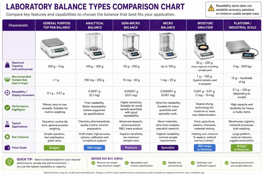 Balance types comparison chart showing top pan, precision, analytical, semi-micro, micro, moisture analyser and platform balances