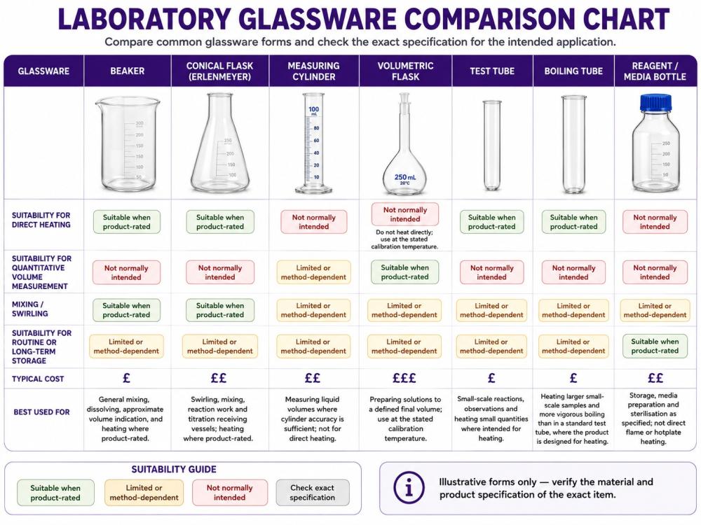 Laboratory glassware comparison chart comparing borosilicate beakers, conical flasks, measuring cylinders, volumetric flasks, test tubes, boiling tubes and reagent bottles by heat resistance, accuracy, mixing, storage and cost