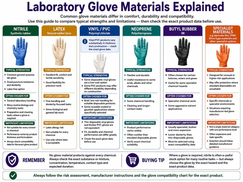 Overview of common laboratory glove materials, typical strengths and limitations