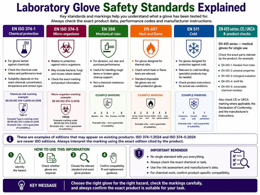Laboratory glove safety standards explained, including chemical, micro-organism, mechanical, heat, cold and medical glove information