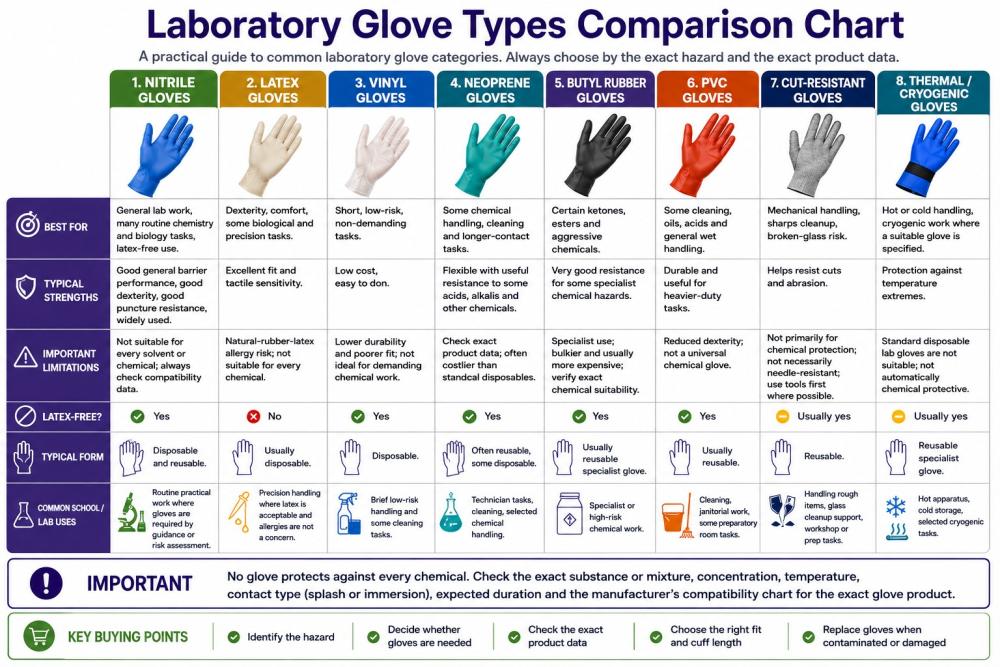 Comparison chart of common laboratory glove categories and their typical uses and limitations