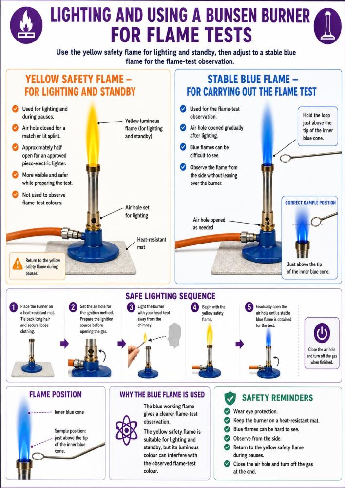 Guide to lighting a Bunsen burner safely and using the correct blue flame and sample position for flame tests