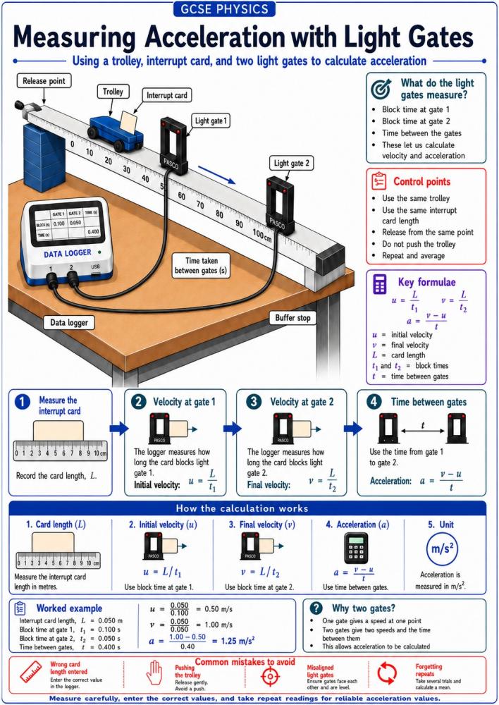 Measuring acceleration using a trolley interrupt card two light gates and a data logger