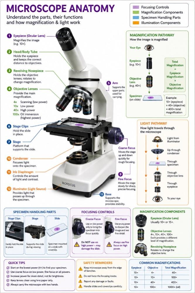 Labelled diagram showing the main parts of a microscope