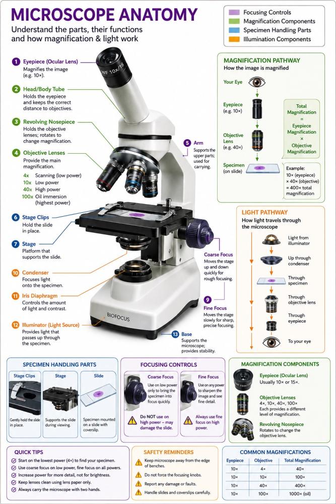 Microscope anatomy showing focusing controls lenses stage condenser illumination and magnification pathway