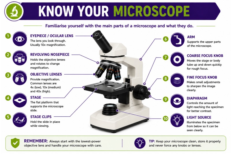 Labelled parts of a microscope