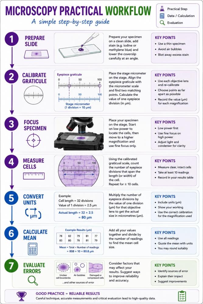 Microscopy practical workflow showing slide preparation calibration focusing measurement conversion mean calculation and evaluation