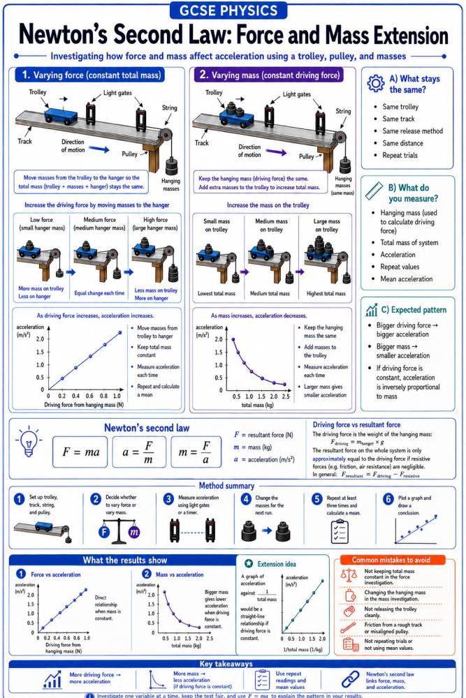 Newton's second law trolley pulley force and mass extension investigation