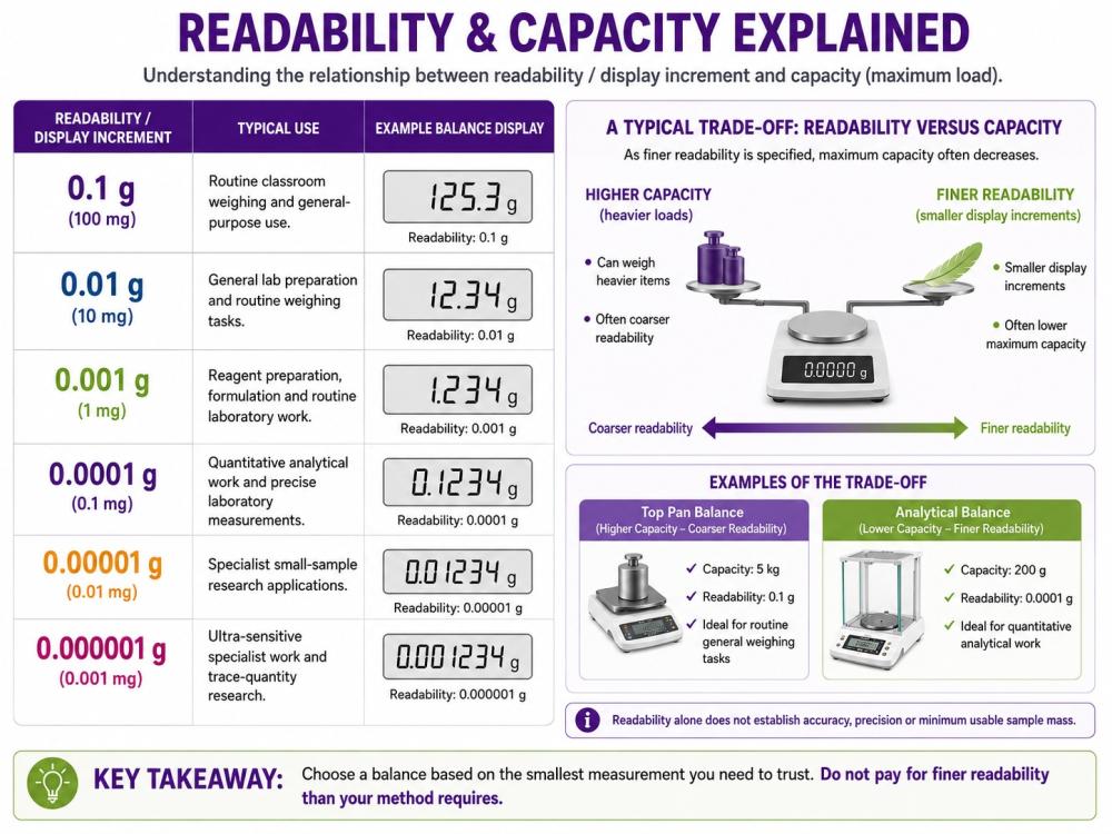 Readability and capacity explained infographic showing balance accuracy levels, maximum capacity trade-off and how to choose the right balance
