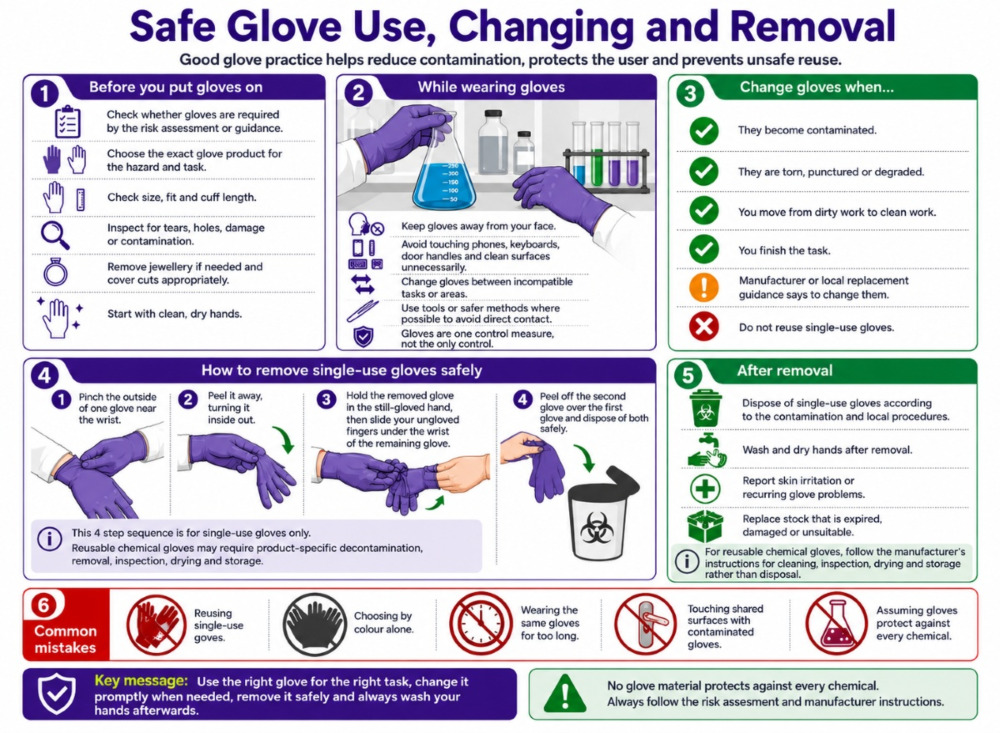 Safe glove use, changing and removal