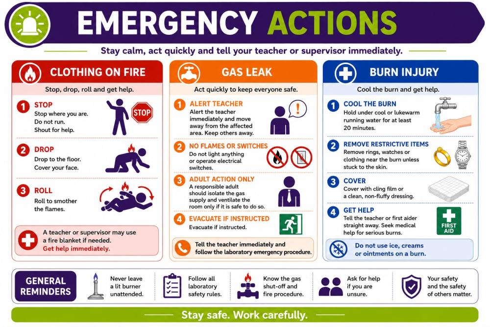 Emergency actions for Bunsen burner incidents