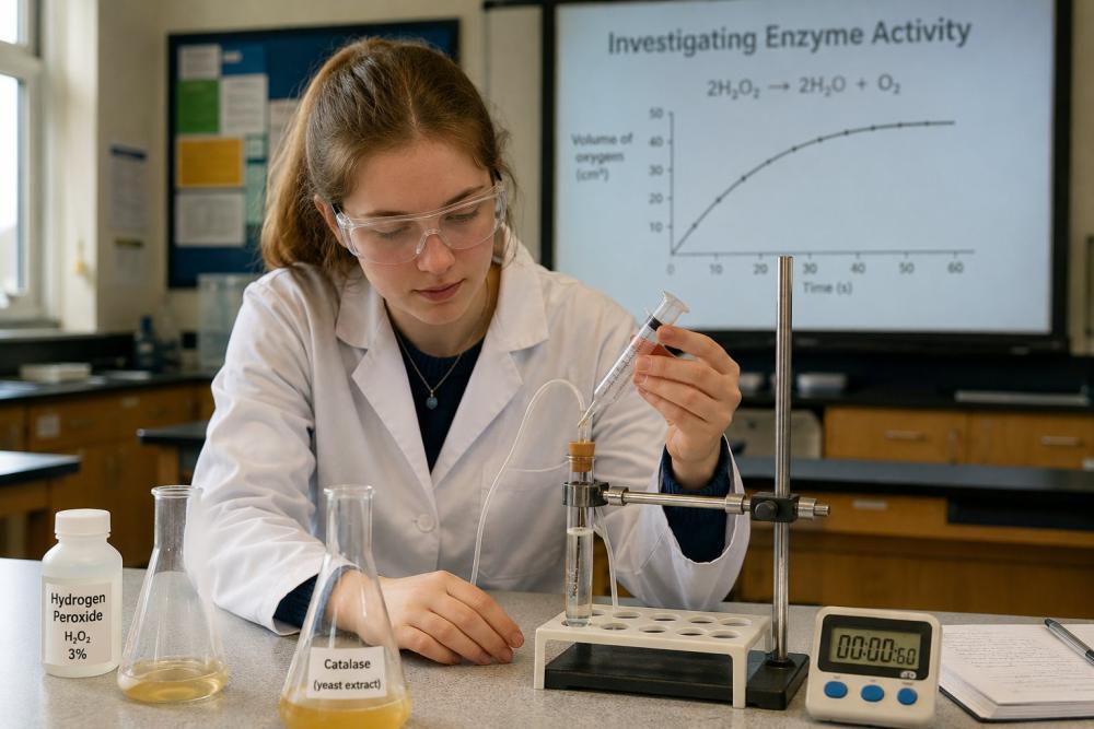 A Level Biology student investigating enzyme activity using catalase and hydrogen peroxide