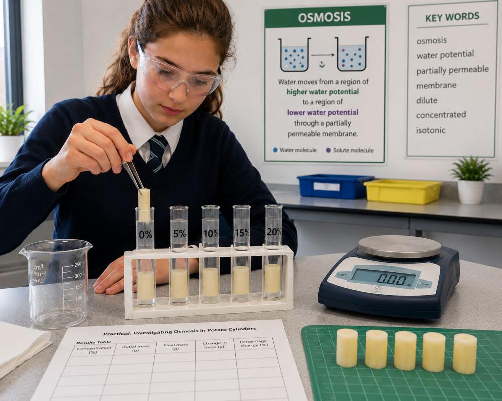 GCSE Biology student investigating osmosis using potato cylinders and sucrose solutions