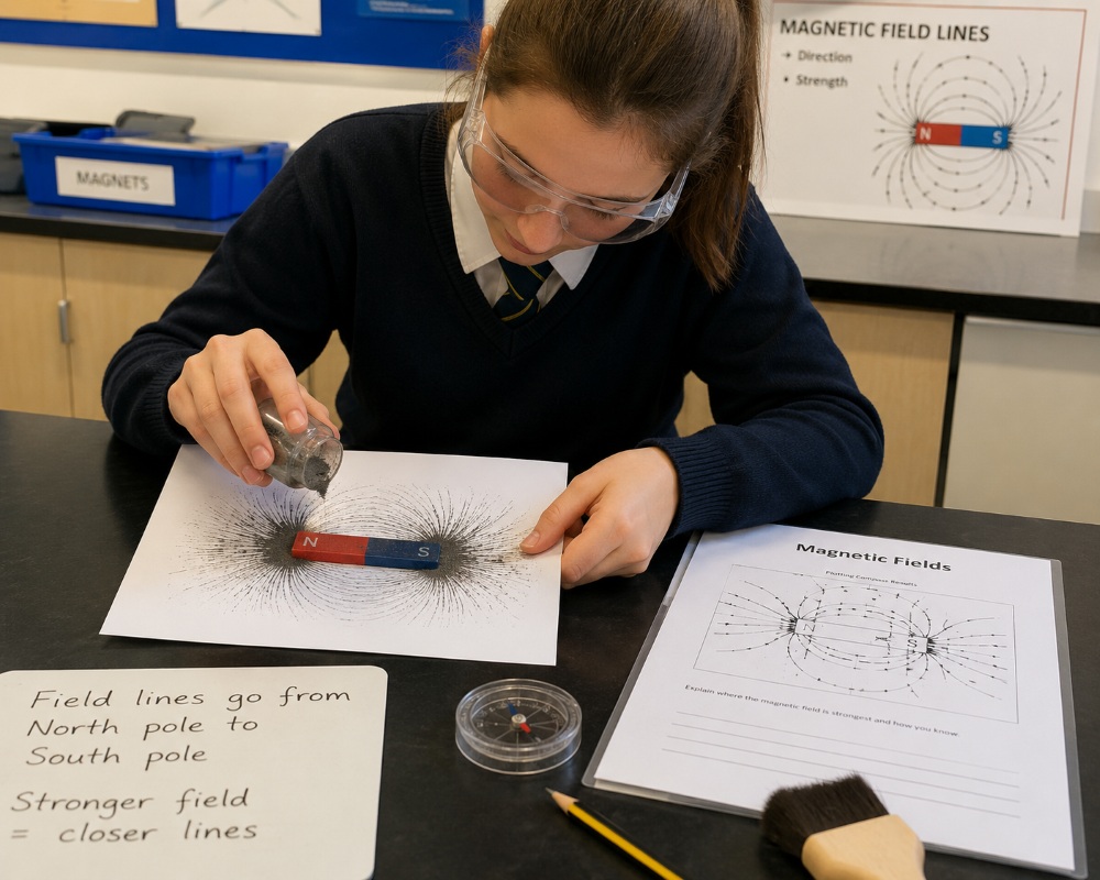 GCSE Physics student investigating magnetic fields using iron filings and a plotting compass