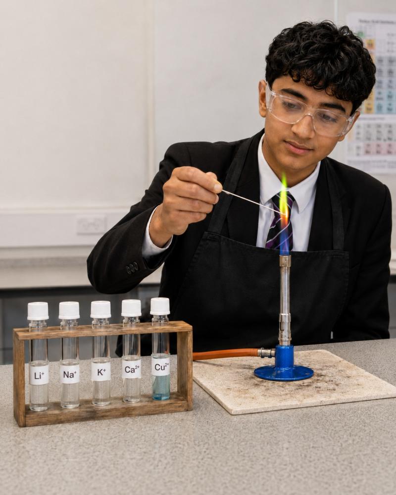 GCSE Chemistry student carrying out a flame test safely with a Bunsen burner and nichrome wire loop