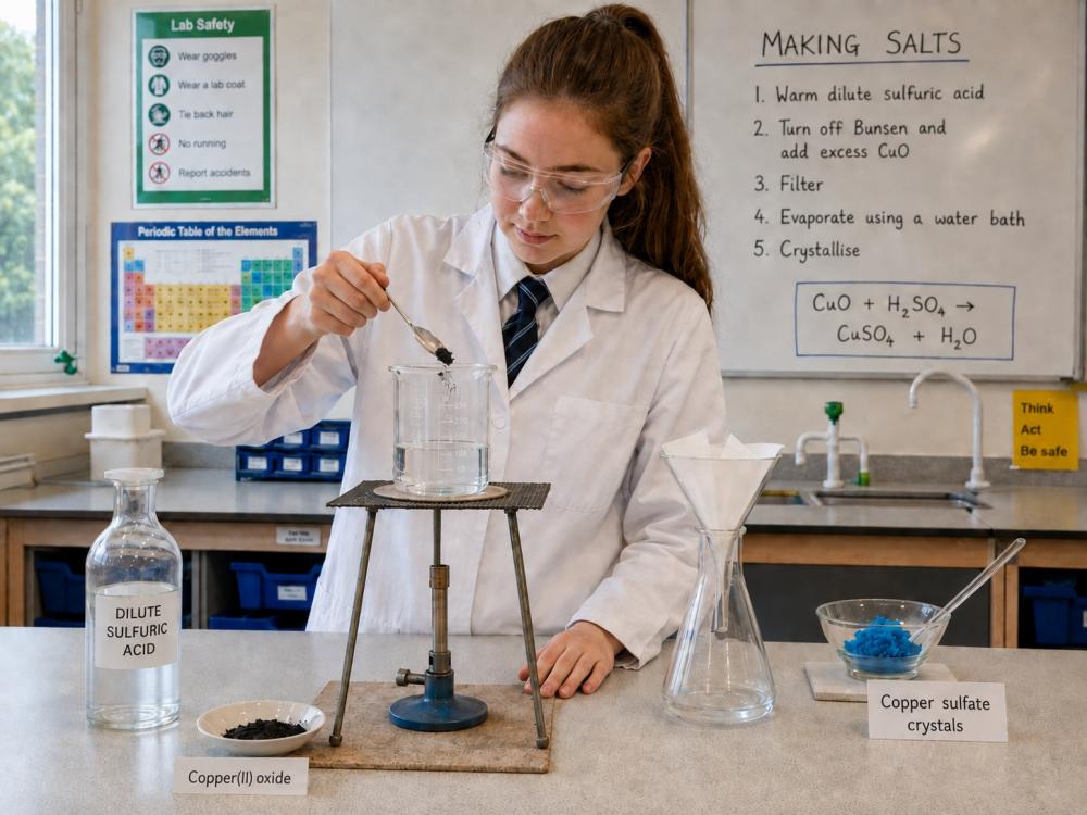 student preparing copper(II) sulfate crystals