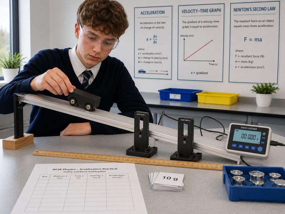 GCSE Physics student measuring the acceleration of a trolley using a ramp and light gates