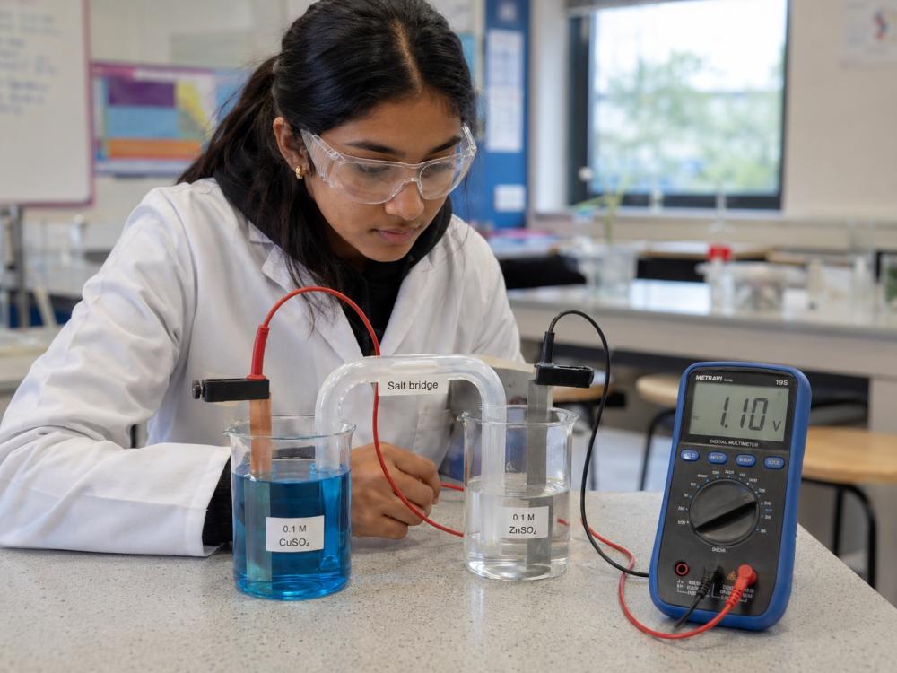A Level Chemistry student measuring the potential of a zinc-copper electrochemical cell