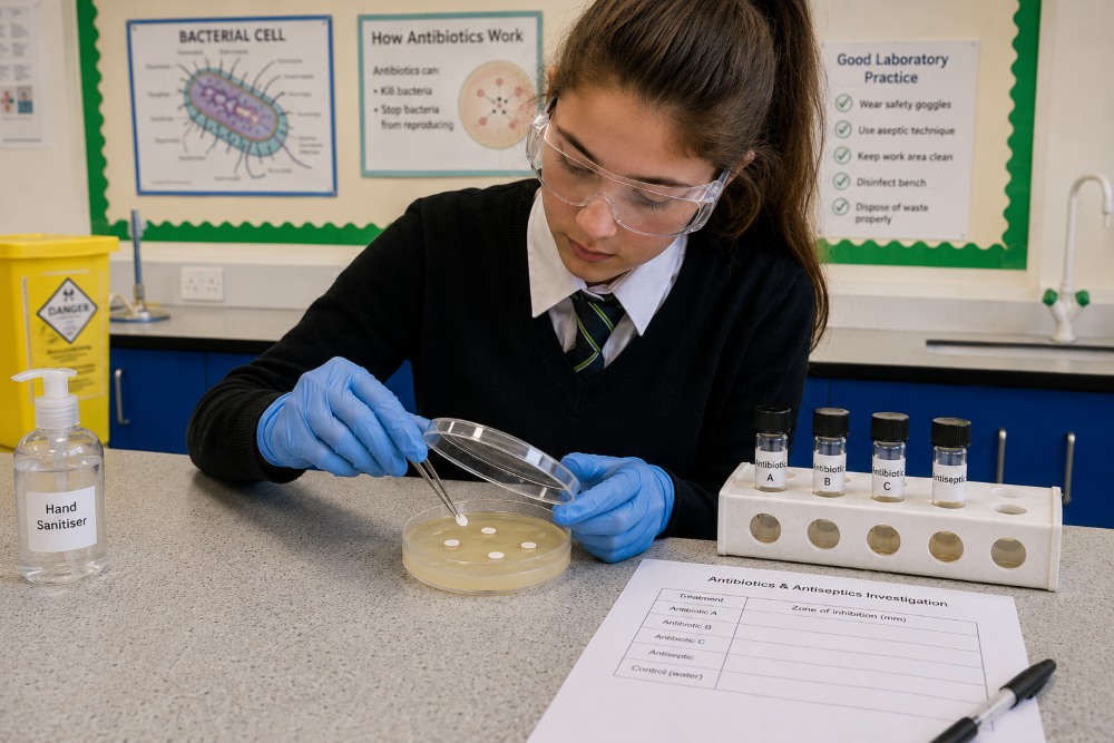 udent using sterile forceps to place antimicrobial discs onto a prepared agar plate