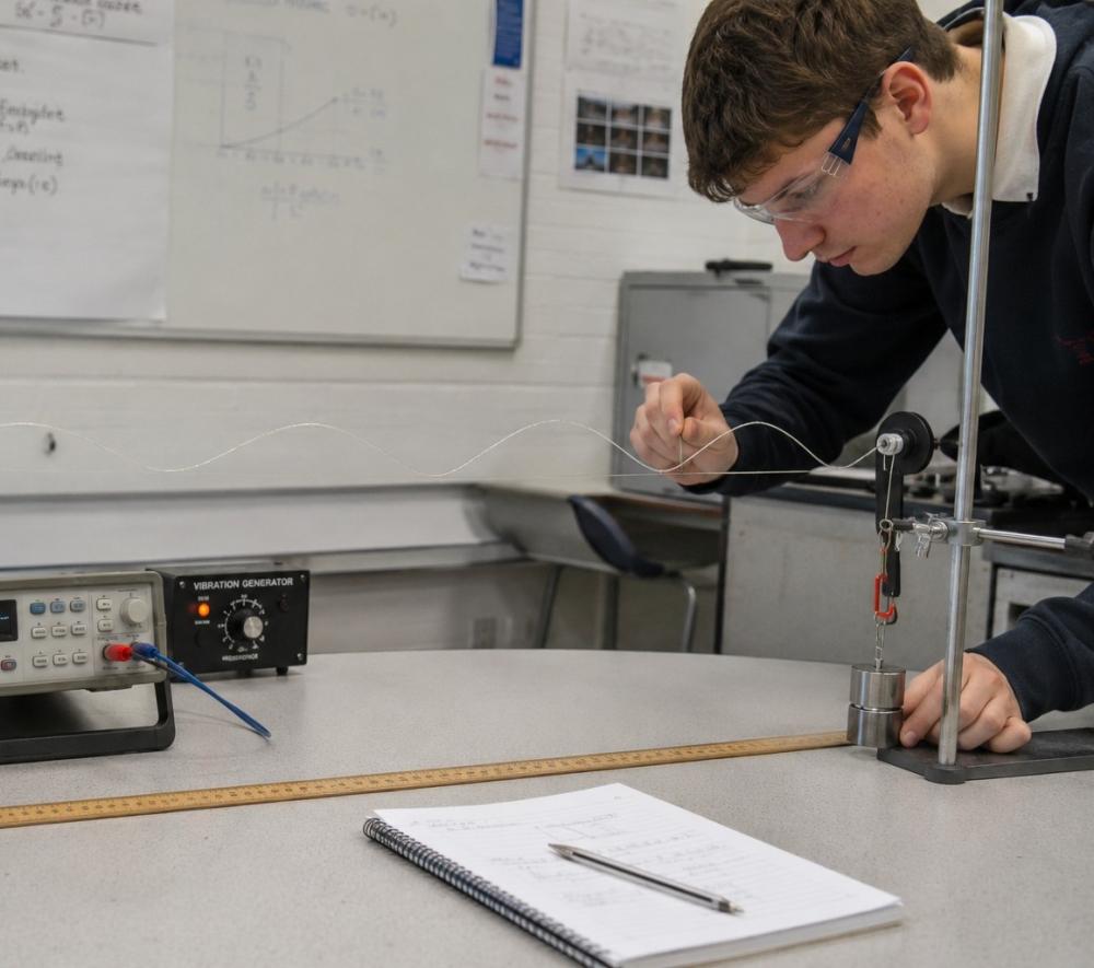 student investigating standing waves on a stretched string