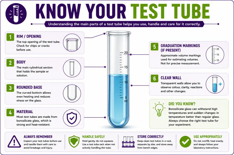 Labelled parts and features of a laboratory test tube
