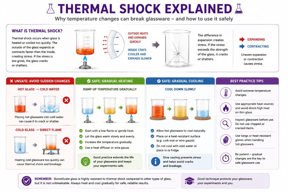 Thermal shock explained infographic showing unsafe actions that can crack laboratory glassware, including hot glass in cold liquid and cold glass heated too quickly, plus safe practices such as gradual heating, proper support, gradual cooling and choosing borosilicate glass