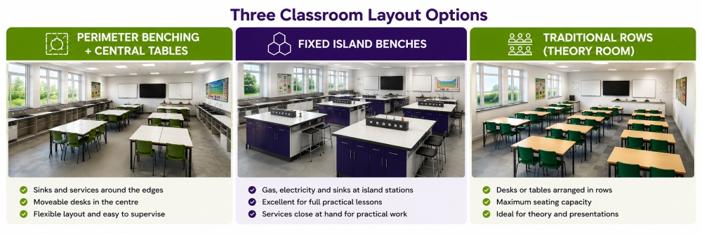 Three room layout images showing perimeter benching, island benches and traditional rows