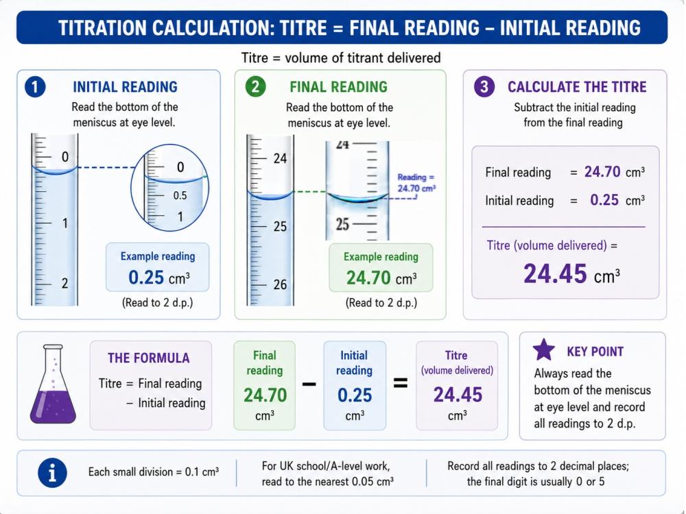 Initial burette reading and final burette reading used to calculate titre