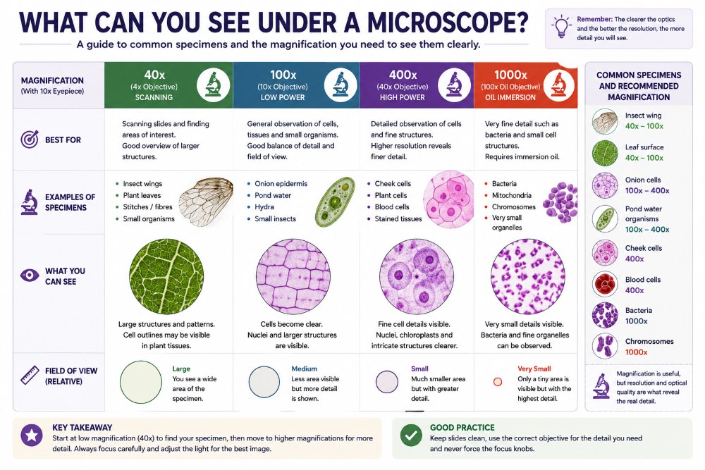 What can you see under a microscope infographic showing useful magnification levels for insects, cells, pond water and bacteria
