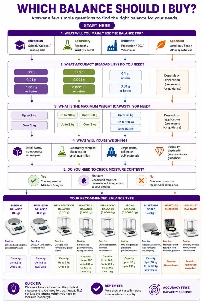 Which balance should I buy decision tree infographic showing how to choose between top pan, precision, high precision, analytical, semi-micro, micro, platform, moisture analyser and specialist balances