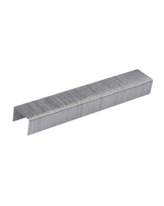 Close-up of silver heavy duty U-shaped staples for staple gun and upholstery fastening on white background