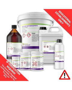 Range of Better Equipped Chemicals in Various Bottles and Tubs With Banner On Image Saying ID Verfiifcation Is Required To Purchase This chemical and This Chemical Is Only For Educational Establishments