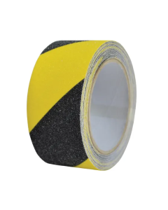 Black and yellow anti-slip safety tape roll for stairs, walkways and hazard marking on white background